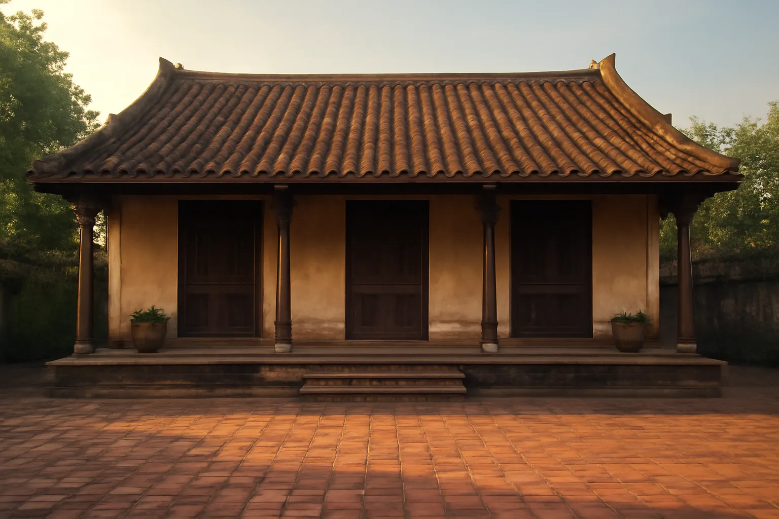 Nhà ba gian mái ngói với hiên rộng và sân gạch trước nhà
