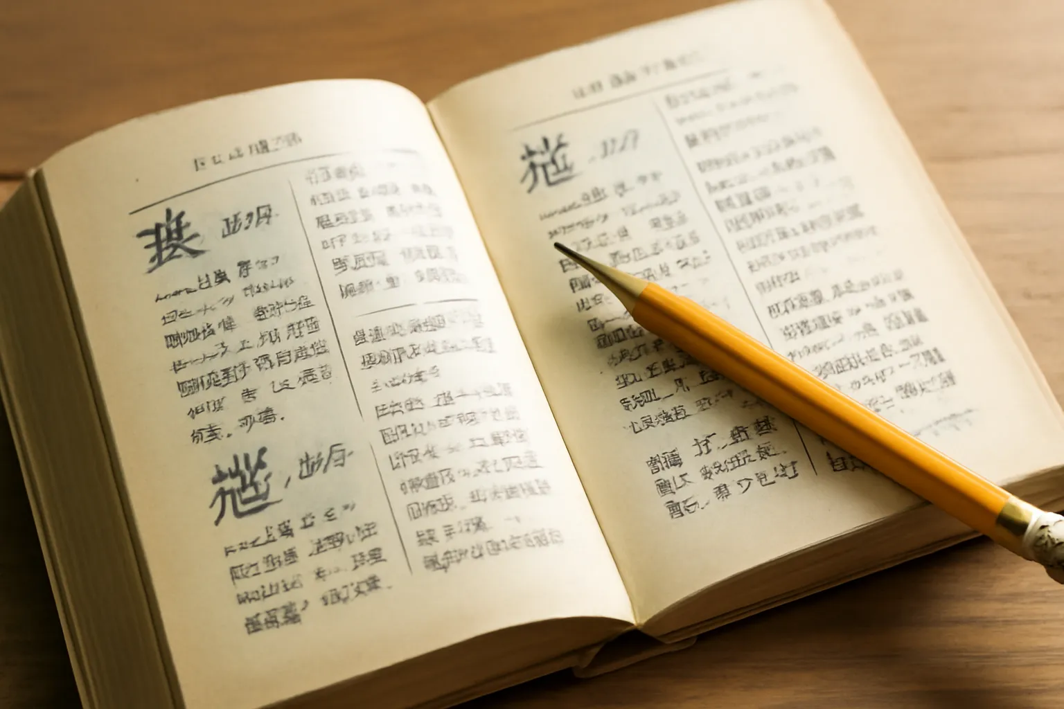 Cuốn từ điển Hán Việt mở giữa trang, bút chì gạch chân vài mục