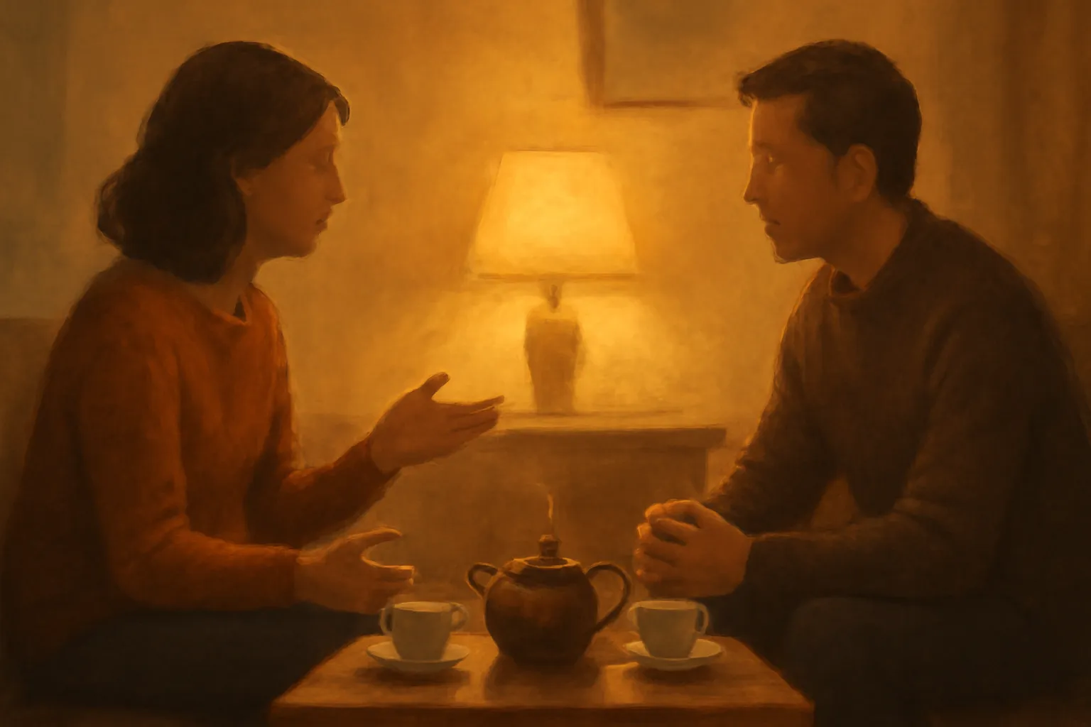 Hai người ngồi đối diện qua bàn trà, một người đang nói